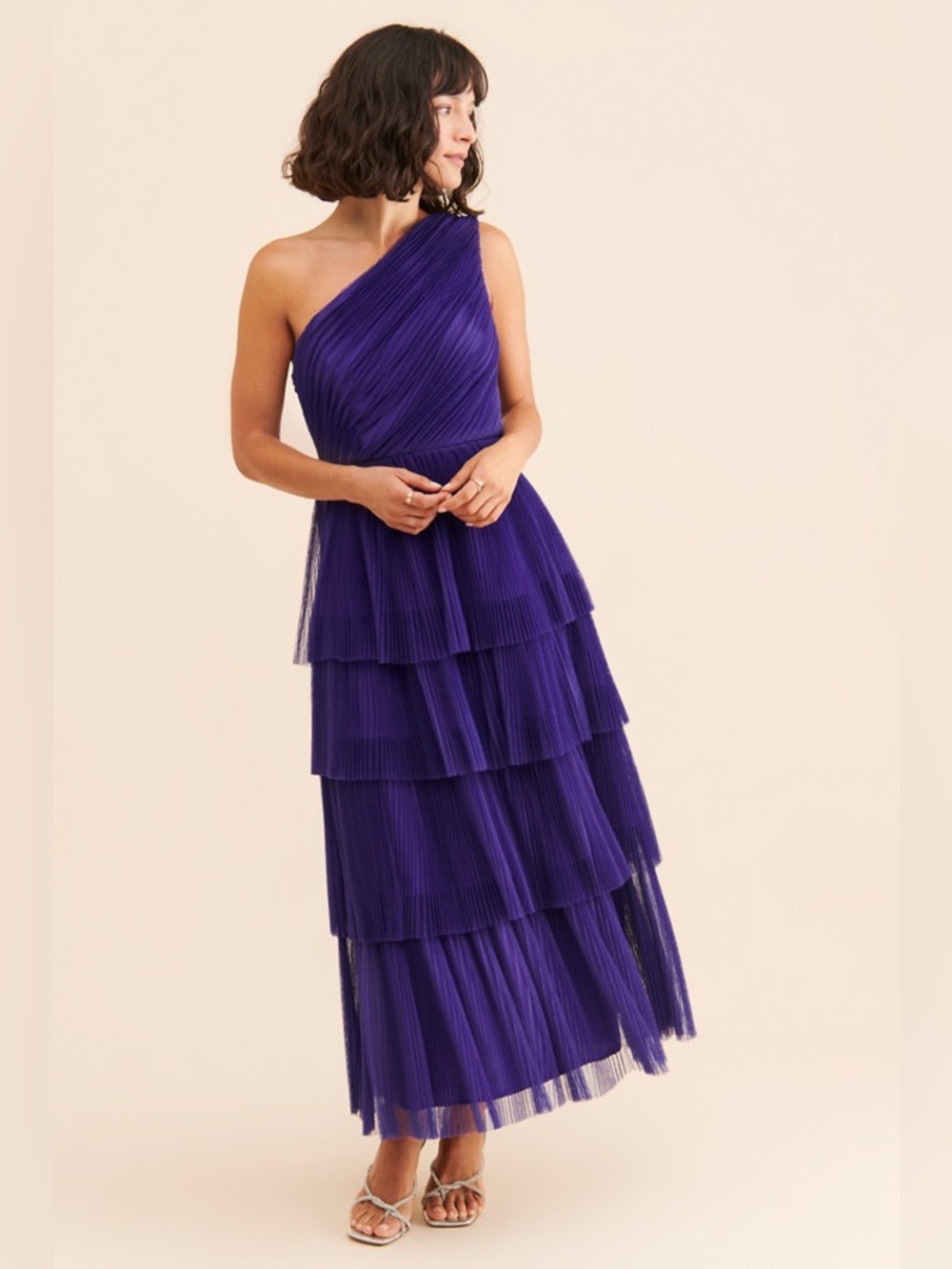 Anthropologie Hutch Xala One-Shoulder Tiered Pleated Purple Tulle Maxi Dress 6